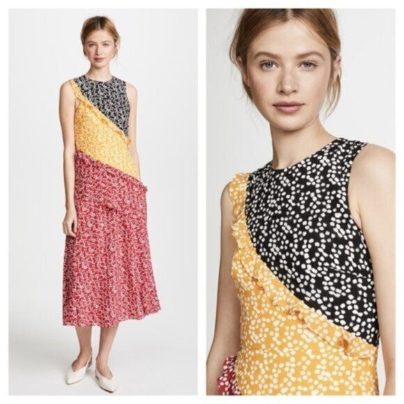 NWT SALONI Agnes Colorblock Midi Silk Dress Women Size 10 - Picture 1 of 13